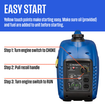 Westinghouse | iGen2800 portable inverter generator front view showing the easy start steps