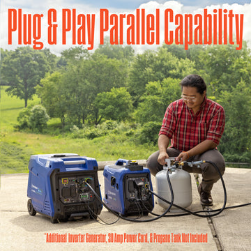 Westinghouse | iGen2550DFc dual fuel portable inverter generator with co sensor shown being paralleled to another westinghouse inverter generator with a man hooking up a propane tank to them. the following words on the rest of the image: plug and play parallel capability and *additional inverter generator, 30A power cord and propane tank not included