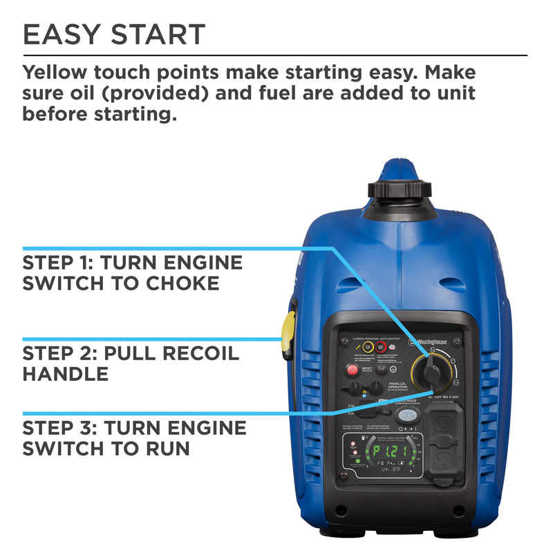 Westinghouse | iGen2500c portable inverter generator front view showing the easy start steps