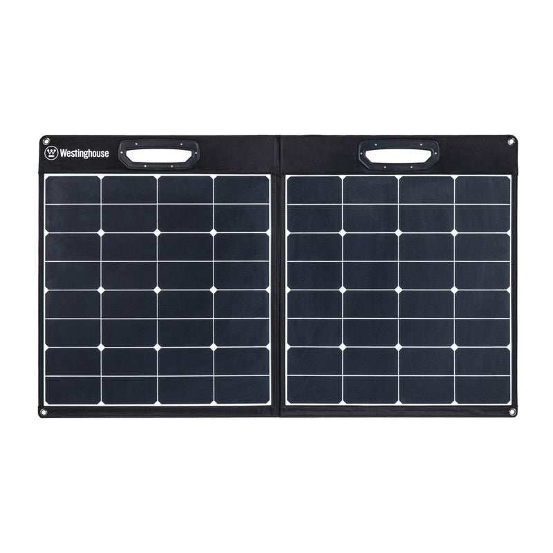 Westinghouse | WSolar100p solar panel shown unfolded in front view on a white background