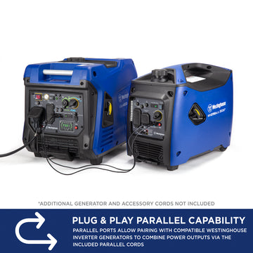 Westinghouse | WH3700iXLTc inverter generator sitting next to a Westinghouse iGen4500c inverter generator with the parallel cords connecting the generators. Text along the bottom reads, "Plug & Play Parallel Capability. Parallel Ports allow paring with compatible Westinghouse inverter generators to combine power outputs via the included parallel cords".