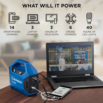 Westinghouse | iGen160s Portable Power Station graphic showing the iGen160s sitting on a table with a laptop charger and phone charger plugged into it. Text along the top shows what the iGen160s will power. The text reads "What will it power: 14 smartphone charges, 3 laptop charges, 3 hours of television, 6 drone charges, and 40 hours of LED lights".