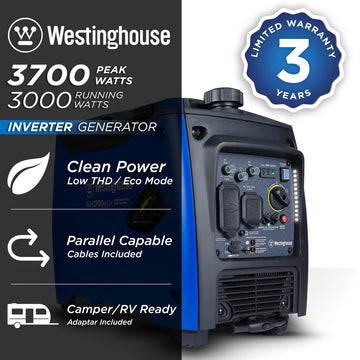 Westinghouse | WH3700iXLTc inverter generator shown on a white background with text reading: 3700 peak watts, 3000 running watts, clean power, low THD/eco mode, parallel capable, cables included, camper/rv ready, adapter included and 3 year limited warranty