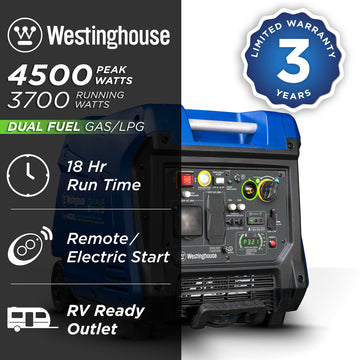 Westinghouse | iGen4500DF inverter generator shown on a white background with text reading: 4500 peak watts, 3700 running watts, 3 year limited warranty, dual fuel gas/LPG, 18 hour run time, remote/electric start, RV ready outlet.