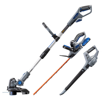 String trimmer, hedge trimmer, and leaf blower on a white background 