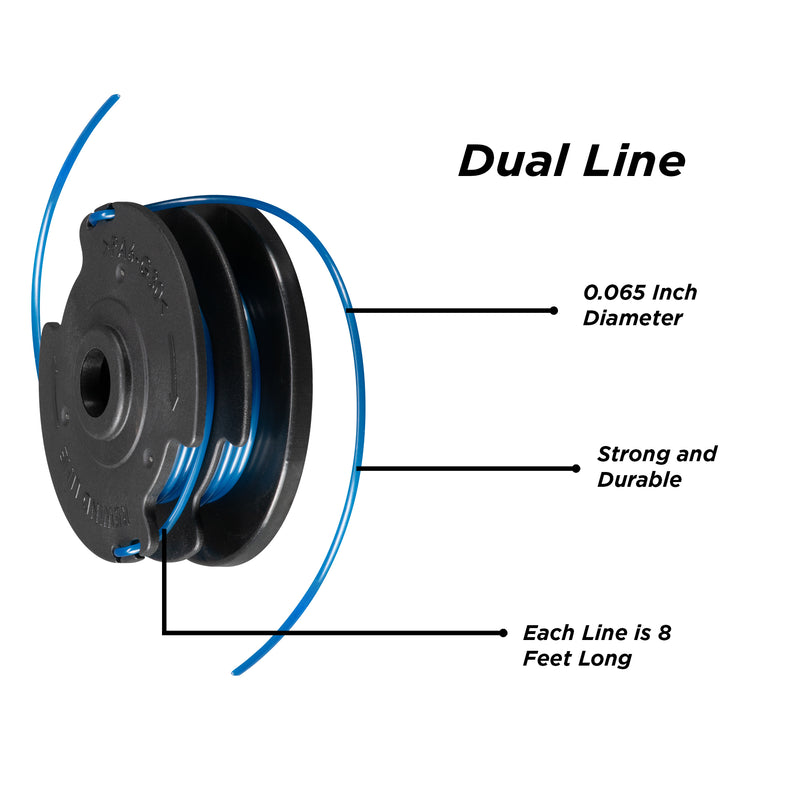 Westinghouse 40V string trimmer line on a white background. Dual line, 0.065 inch diamet, strong and durable, and each line is 8 feet long.