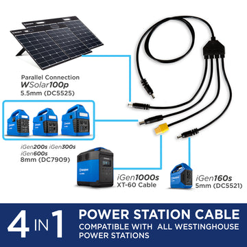 Westinghouse | WSolar60p solar panel showing the charging cable with the iGen160s to the 5mm (DC5521), the iGen1000s to the XT-60 cable, the iGen200s, iGen300s and iGen600s to the 8mm (DC7909) cable. A blue bar at the bottom reads 4 in 1 power station cable compatible with all Westinghouse power stations