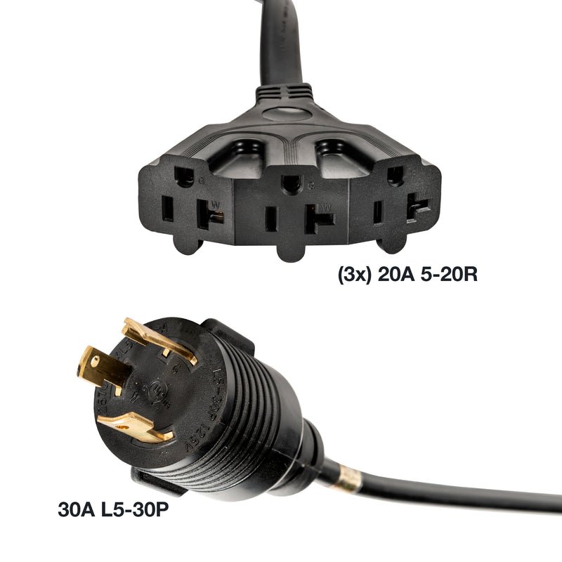 25' Generator Cord: 30A 120V L5-30P to (3x) 5-20R