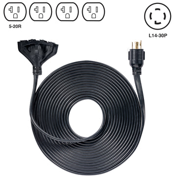 50' Generator Cord: 30A 120V L14-30P to (4x) 5-20R