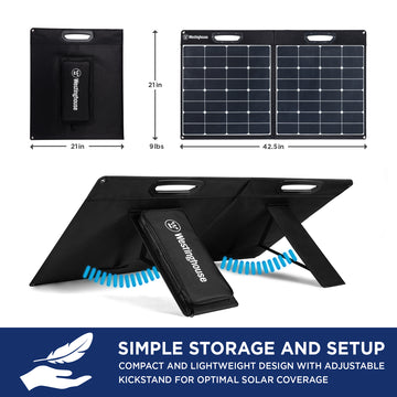 Westinghouse | WSolar100p solar panel shown folded  with dimensions reading 21 in by 21 in and shown unfolded with dimensions reading: 42.5 in by 21 in and both reading 9 pounds. A blue bar at the bottom reads simple storage and setup compact and lightweight design with adjustable kickstand for optimal solar coverage