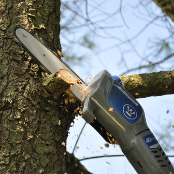 Action shot of pole saw cutting off a branch of a tree