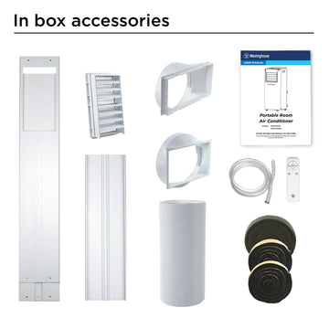 Westinghouse | WPac8000 Portable Air Conditioner in box accessories shown on a white background 