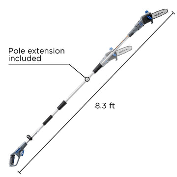 Shows pole saw extension length up to eight feet 3 inches, on a white background