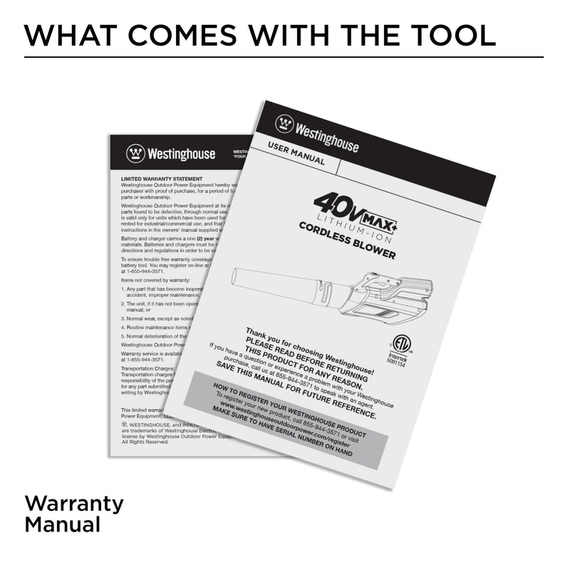 What comes with the tool: warranty and manual on a white background