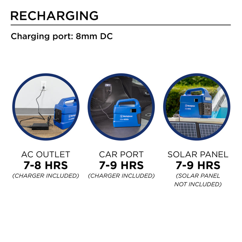 Westinghouse | iGen600s Portable Power Station infographic highlighting the 8mm DC charging port and charge times by charge method. 7-8 hours for AC outlet (charger included). 7-9 hours for car port (charger included). 7-9 hours by solar panel (solar panel not included).