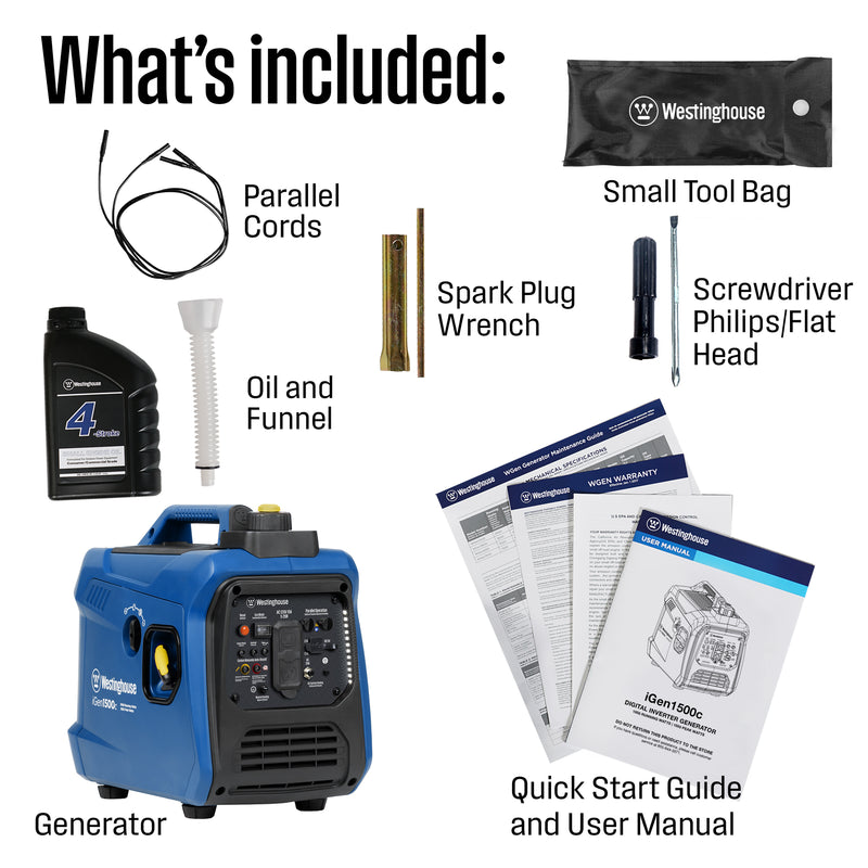 Westinghouse | iGen1500c portable inverter generator with co sensor accessories: parallel cords, oil and funnel, spark plug wrench, small tool bag, screwdriver, documents