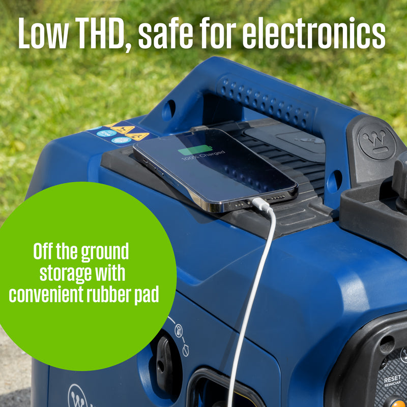 Westinghouse | iGen1500c portable inverter generator with co sensor showing charging a phone with words on the image saying: low THD, safe for electronics - off the ground storage with convenient rubber pad