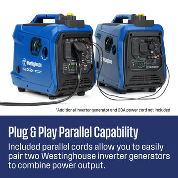 Westinghouse | iGen2550c portable inverter generator with co sensor shown being paralleled to another westinghouse inverter generator with words on the bottom of the image that say: *additional inverter generator and 30A power cord not included - Plug and play parallel capability: included parallel cords allow you to easily pair two westinghouse inverter generators to combine power output