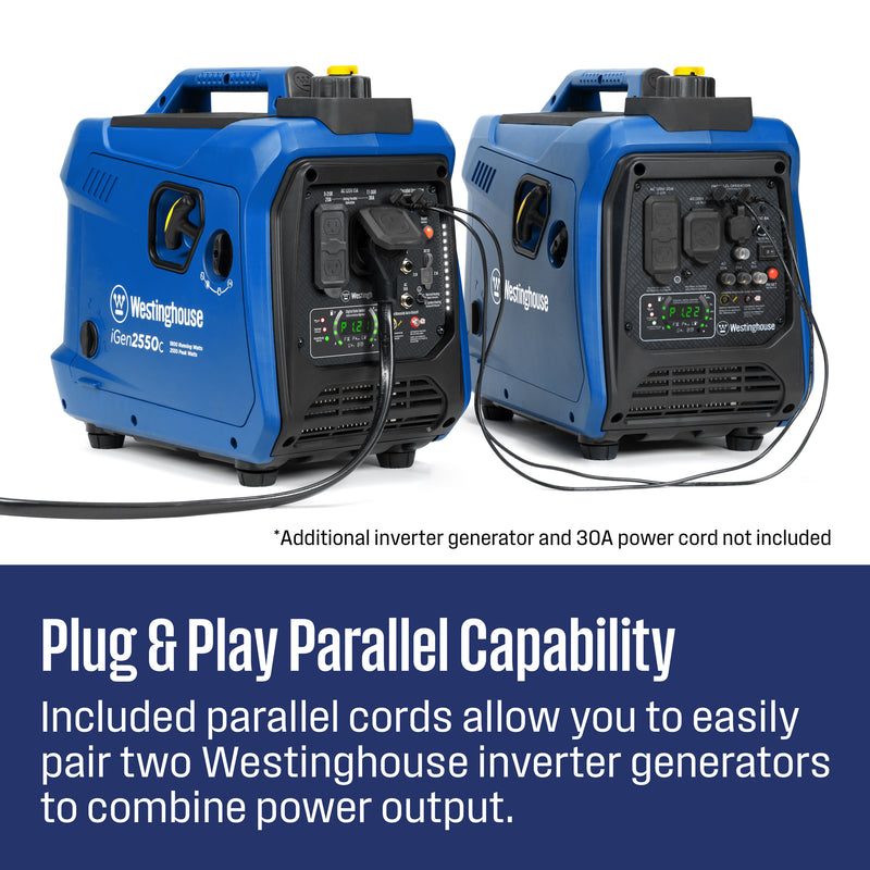 Westinghouse | iGen2550c portable inverter generator with co sensor shown being paralleled to another westinghouse inverter generator with words on the bottom of the image that say: *additional inverter generator and 30A power cord not included - Plug and play parallel capability: included parallel cords allow you to easily pair two westinghouse inverter generators to combine power output