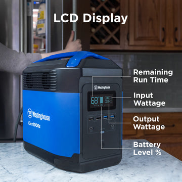 Westinghouse | iGen1000s Portable Power Station infographic showing the LCD display. Display includes remaining run time, input wattage, output wattage, and battery level percent.