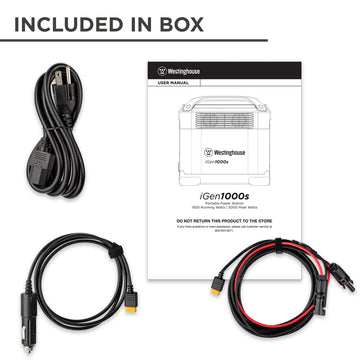 Westinghouse | iGen1000s Portable Power Station graphic highlighting the in box accessories. The items laid out on a white background include the owner's manual, wall charger, car charger, and solar charge cable.