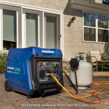 Westinghouse | iGen4500DF inverter generator sitting on patio with cords plugged in and a propane tank connected.