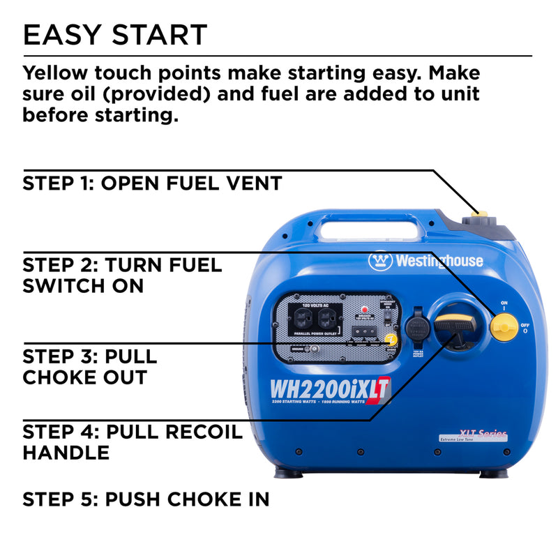 Westinghouse | WH2200iXLT inverter generator and control panel on white background with directions for easy start. Yellow touch points make starting easy. Make sure oil (provided) and fuel are added to unit before starting. Step 1: Open fuel vent. Step 2: Turn fuel switch on. Step 3: Pull choke out. Step 4: Pull recoil handle. Step 5: Push choke in.